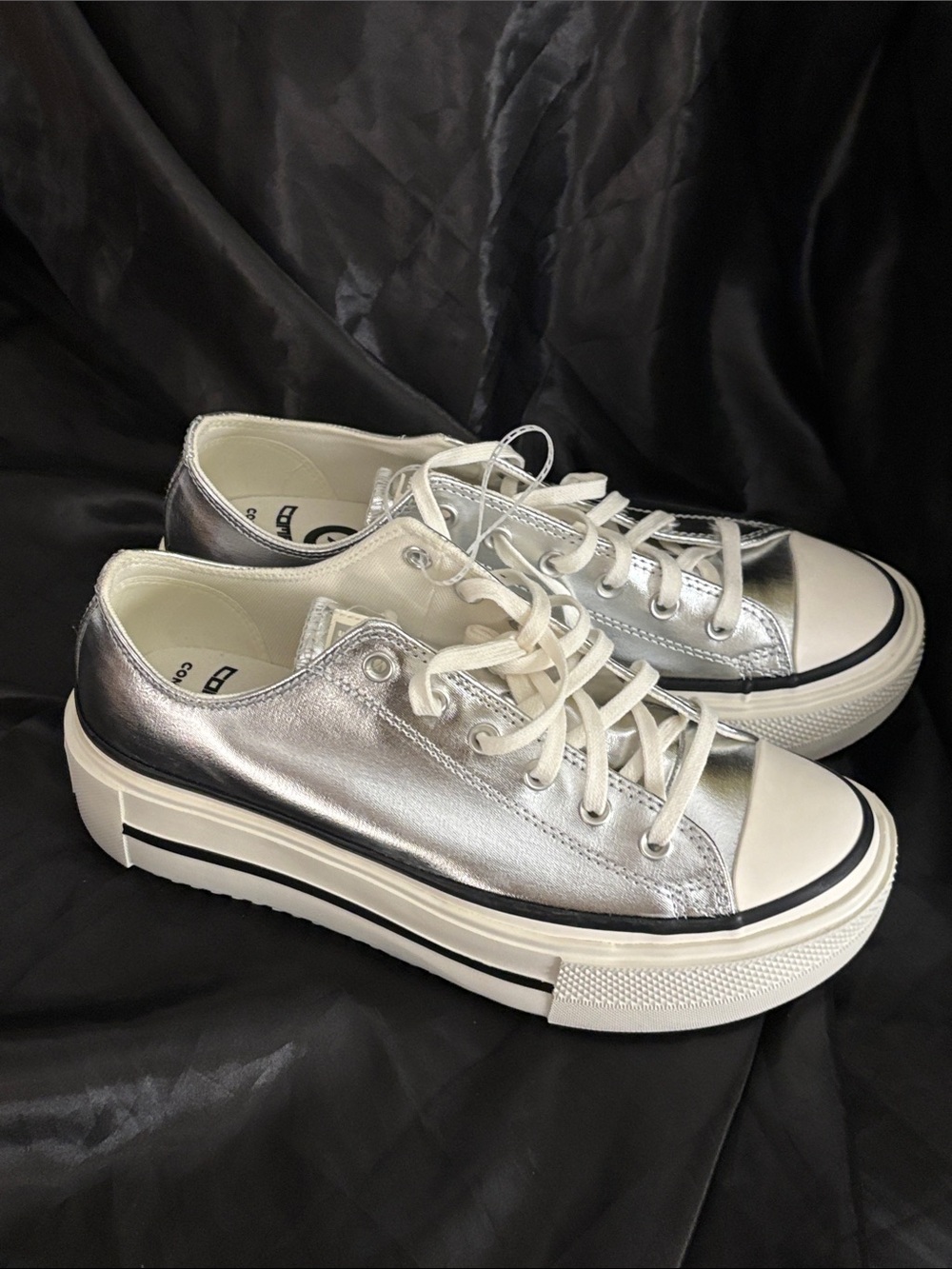 Converse Metallic Silver Low-Top Lift Double-Stacked Sneakers with White Accents
